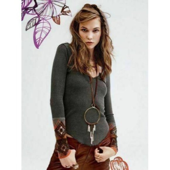 Free People Tops - Free People Black Kombucha Crochet Print Cuff Thermal Top Shirt S ASO